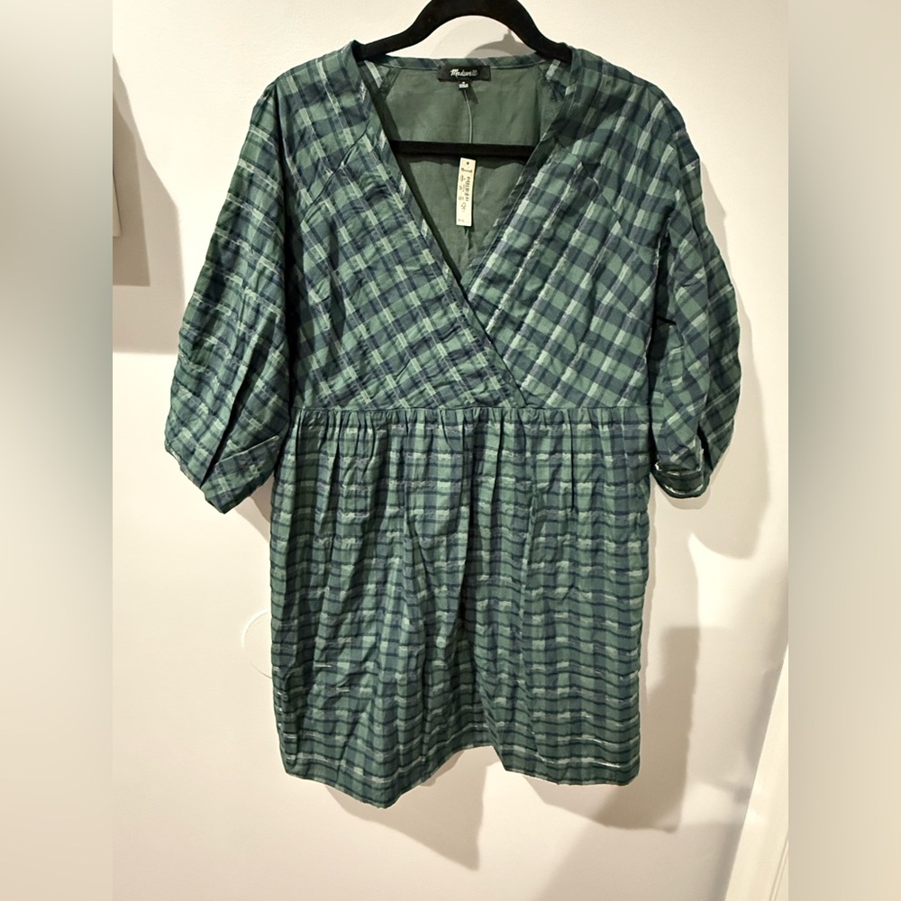 NWT Madewell Marianna Puff-Sleeve Mini Dress M Medium Plaid Green X